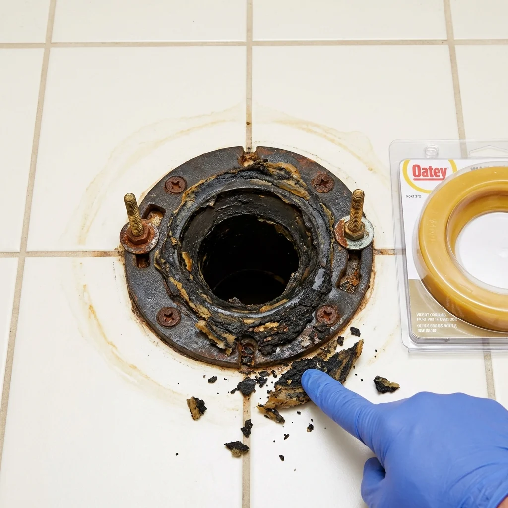Failed wax ring showing water seepage at the base of a toilet in a Tybee Island, GA home
