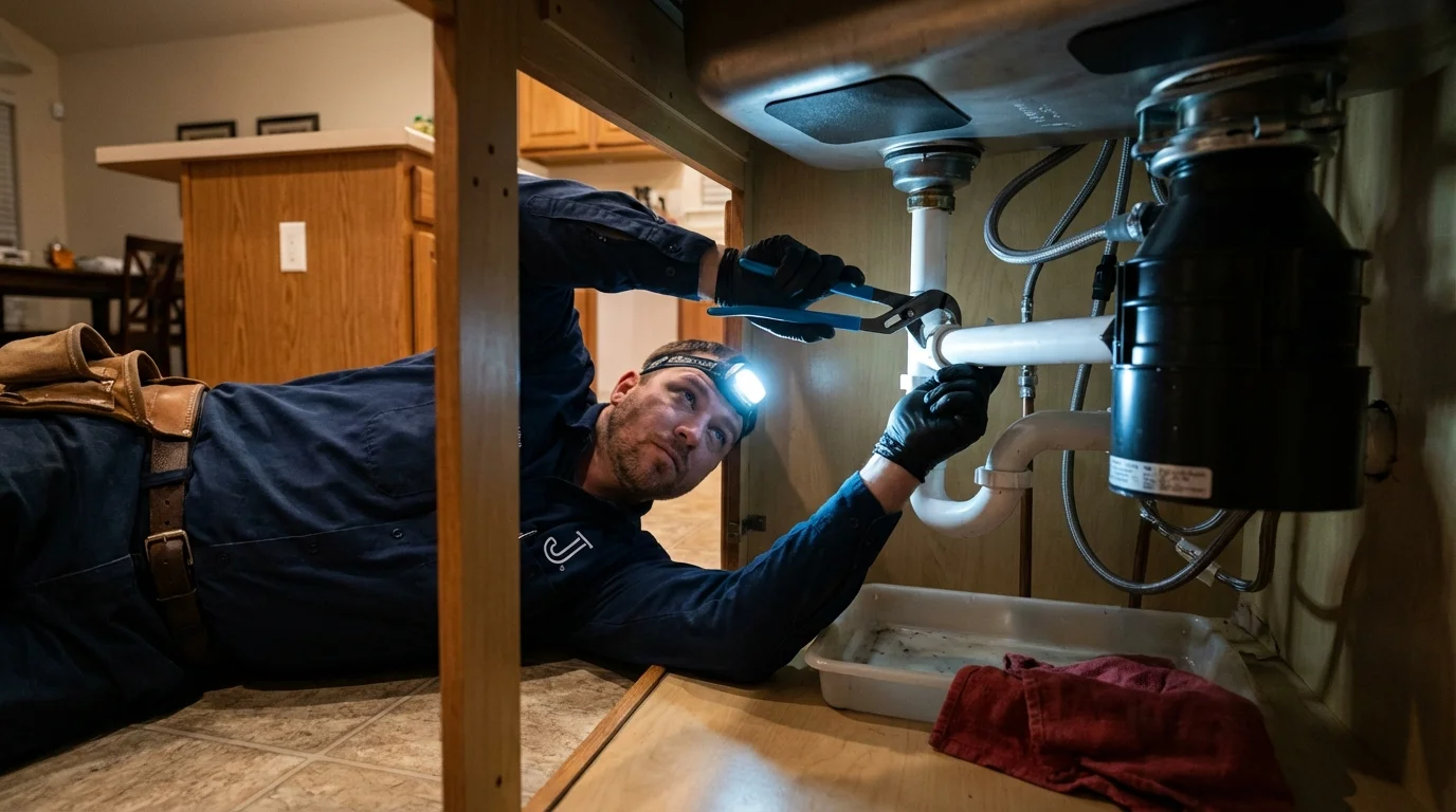 P-trap and supply line connections under a kitchen sink showing a common leak point in Tybee Island, GA